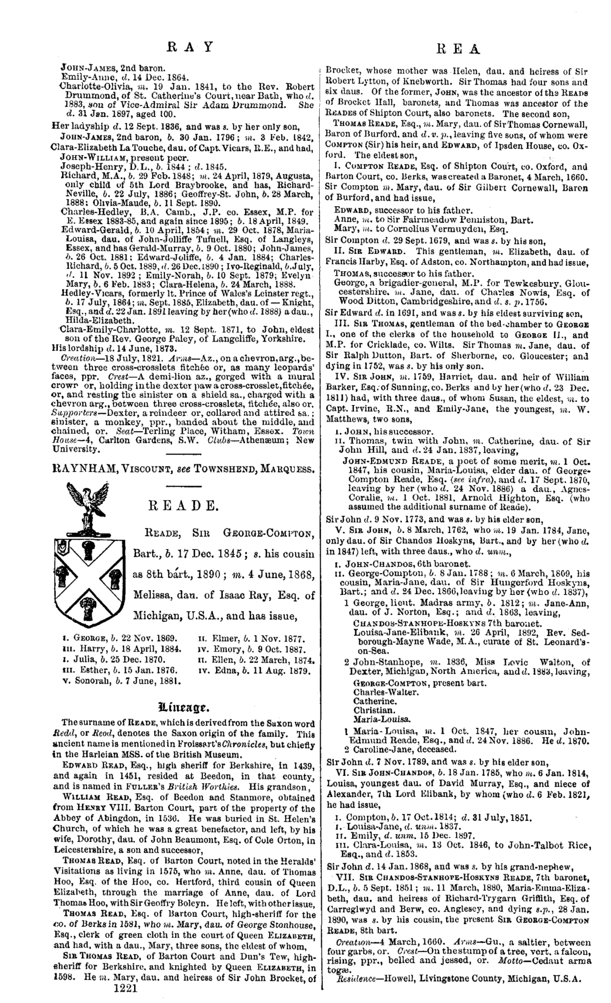 Burke's Peerage 1899 entry concerning the Read Baronets