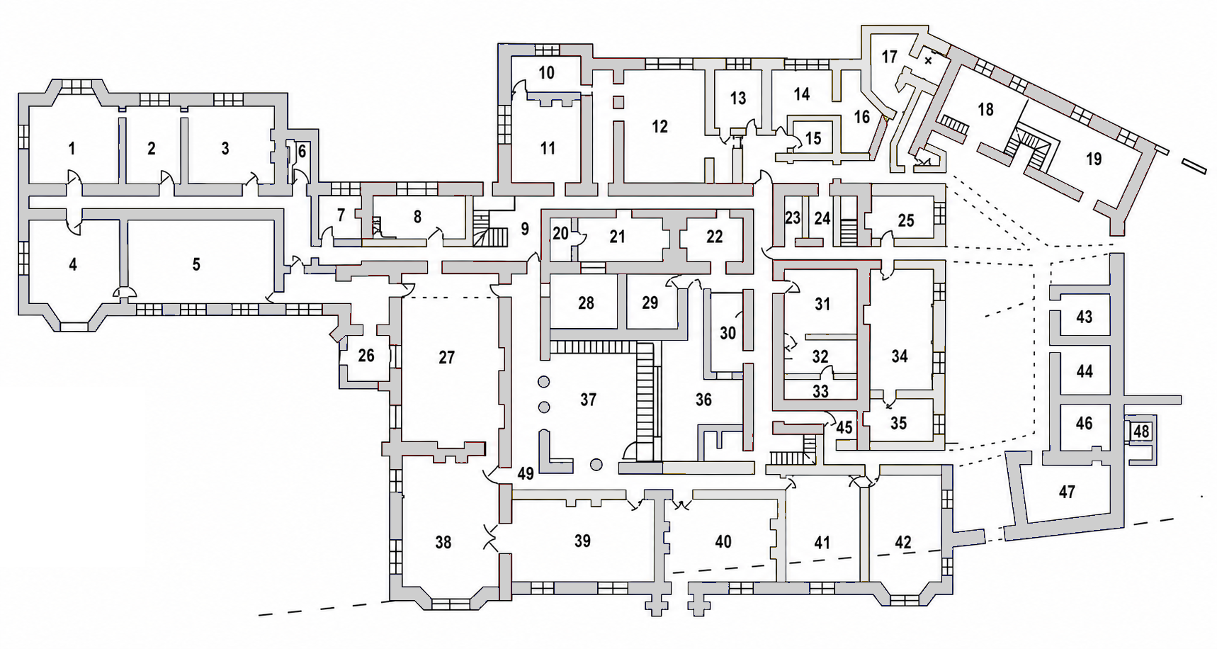 Numbered floor plan of Hasley Hall