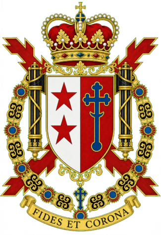 Arms of the House of Valais-Reade, the escutcheon ensigned by an open coronet. Arms of the House of Valais-Reade, the escutcheon ensigned by an open coronet.